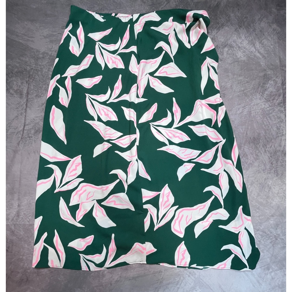 Nine West Midi Skirt Womens Large Green Pink Leaf Print Ruched Detail Side Zip